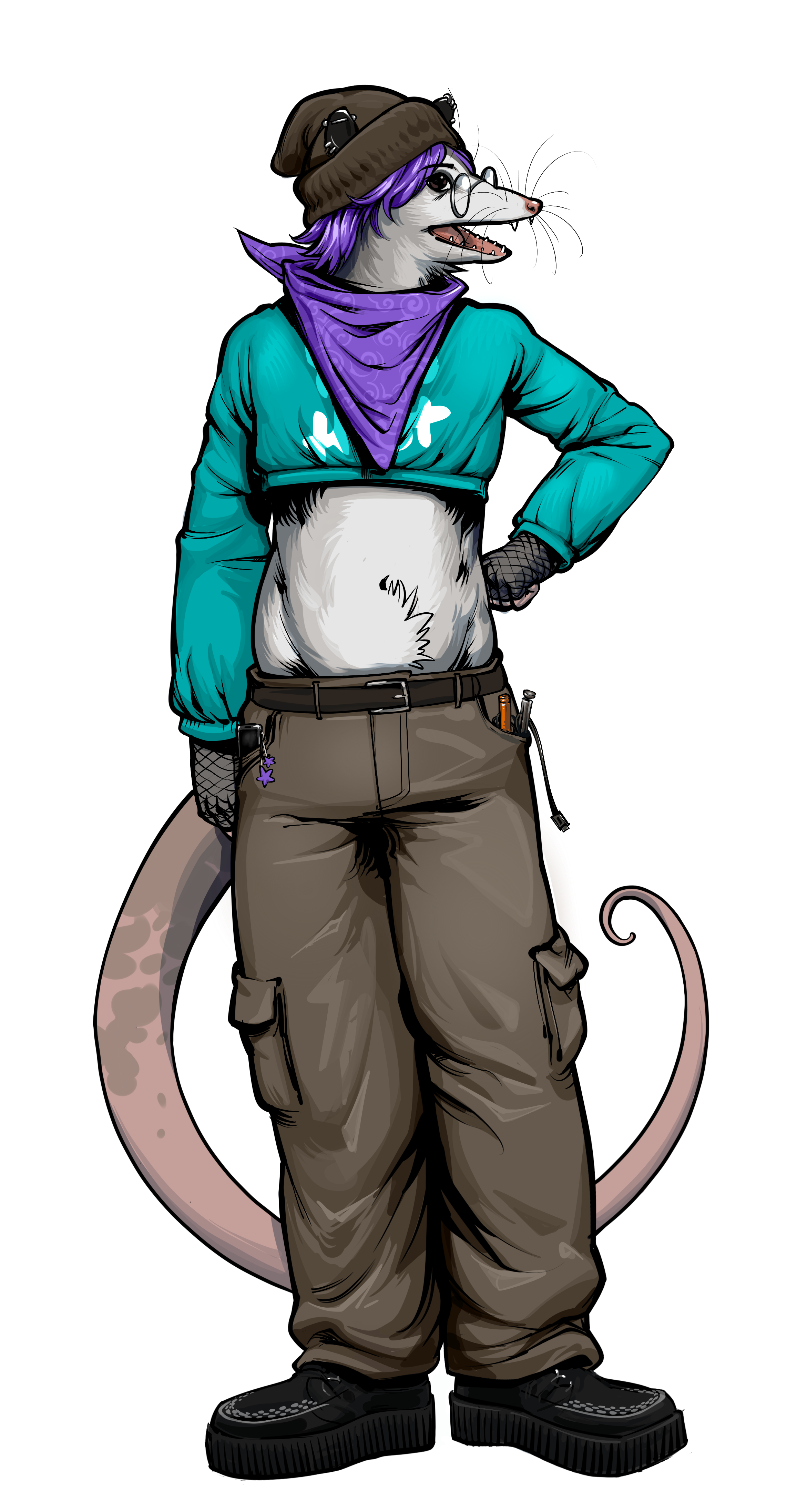 Image of Claude, YunoHost's mascot. The humanoid oppossum stands with purple hair and scarf, round glasses, beige pants with pockets and a blue crop top with the YunoHost logo.